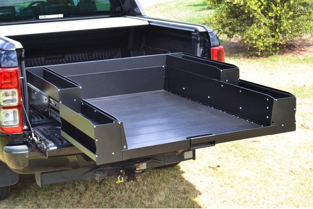 Black powder-coated slide-out ute tray for 4x4 vehicles Australia