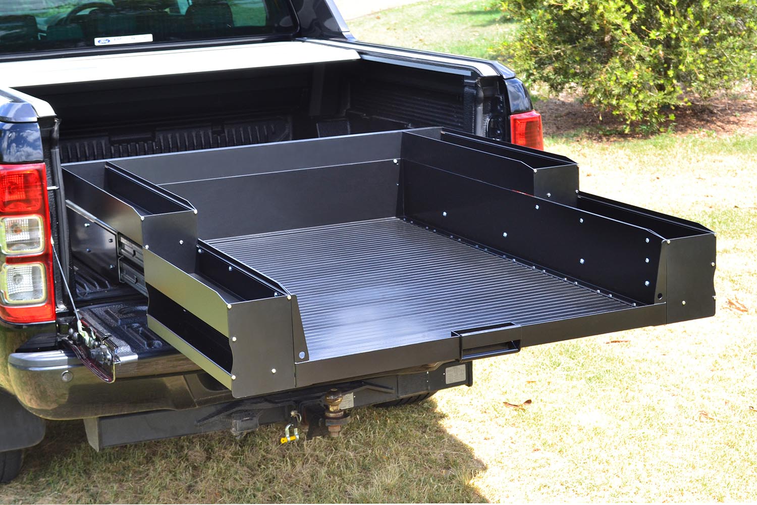 Black powder-coated slide-out ute tray for 4x4 vehicles Australia